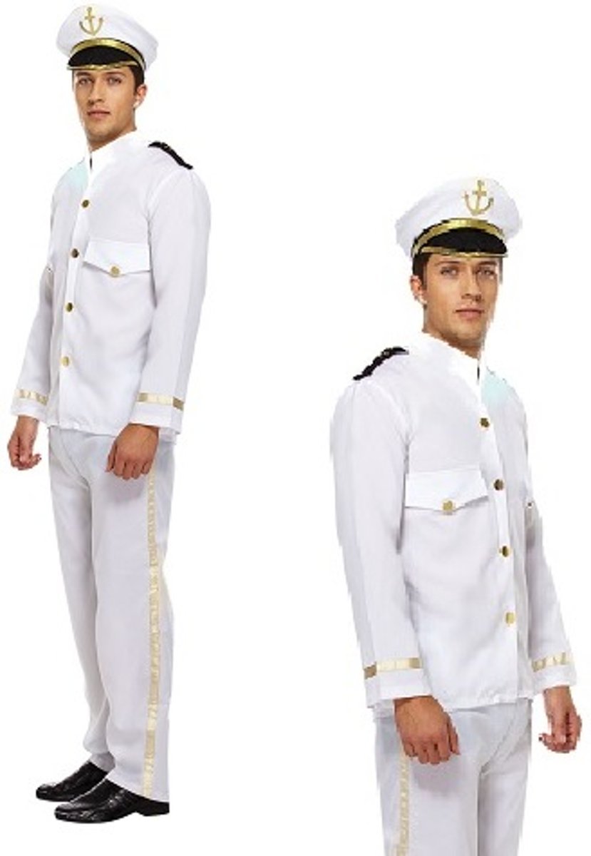 VOLWASSENEN HEREN 3-Delig Net Kapiteins Kostuum, bestaande uit: Jas, Broek en Kapiteins Pet | Marine Captain | Carnavalskleding | Verkleedkleding | Man | Maat: ONE SIZE FITTS ALL